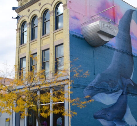 Exterior of a children's museum featuring a mural of diving whales.