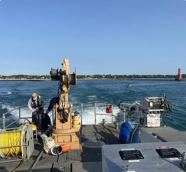 View off the back of a boat with two people working with heavy equipment.