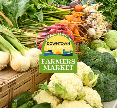 Vegetables for sale on a table at a farmers market overlaid by the Manitowoc Farmers Market logo.