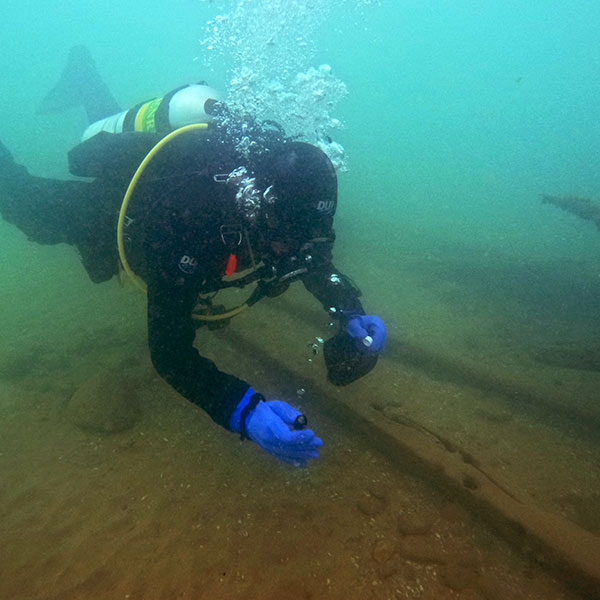 Scuba diver swimming along the bottom of the water examining the ground.