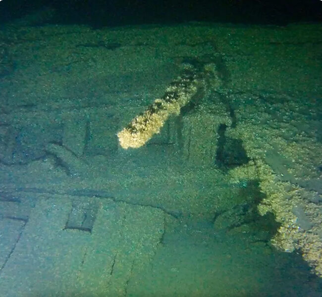 Section of a shipwreck photographed with a flash in deep water.