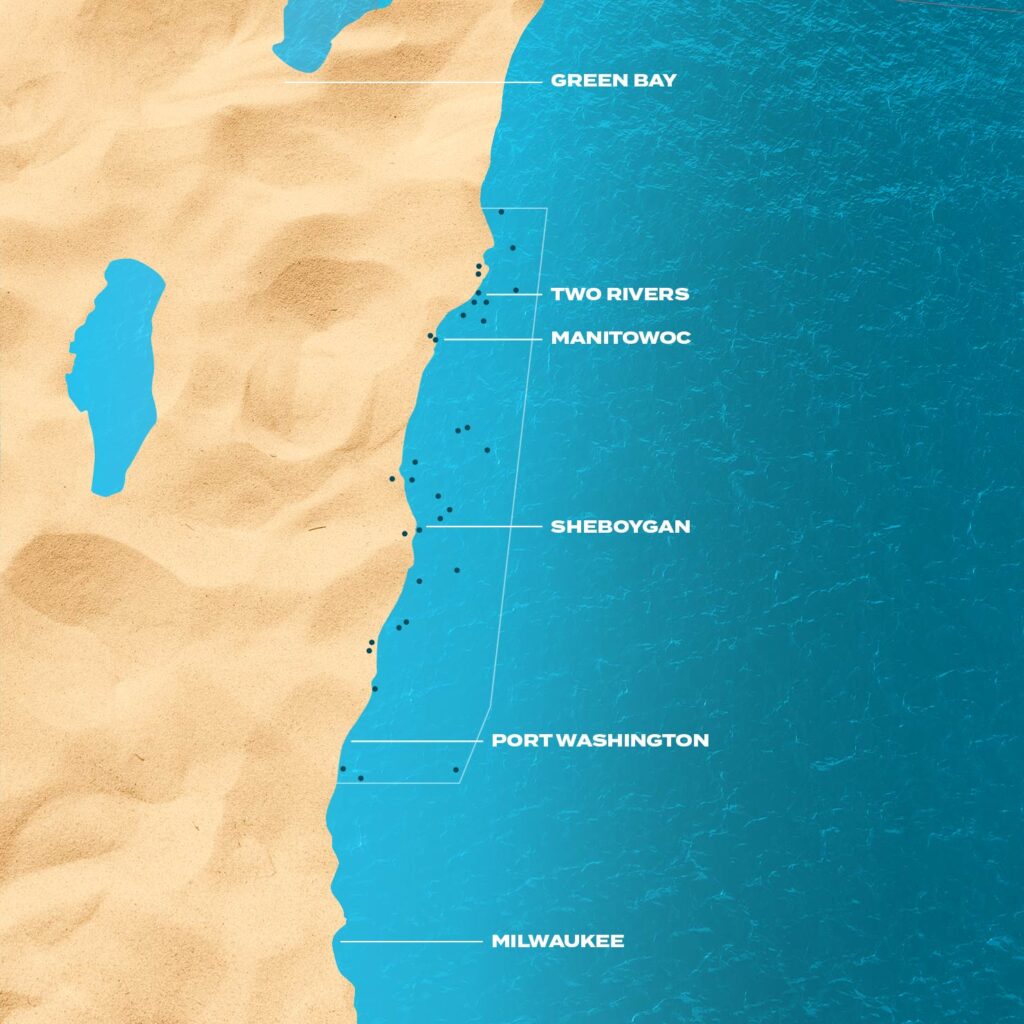 Stylized map of the sanctuary area including pin markers denoted shipwreck locations and the 4 main communities of Two Rivers, Manitowoc, Sheboygan, and Port Washington.